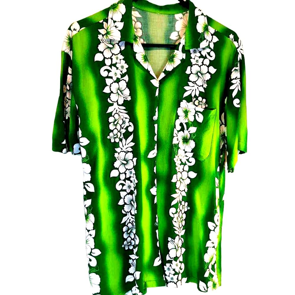 Aloha Republic Men's Hawaiian Shirt Green Floral Short Sleeve Breast Pocket M